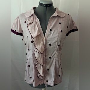 Anthropologie Floreat
Rhythmic polka dot ruffle blouse top